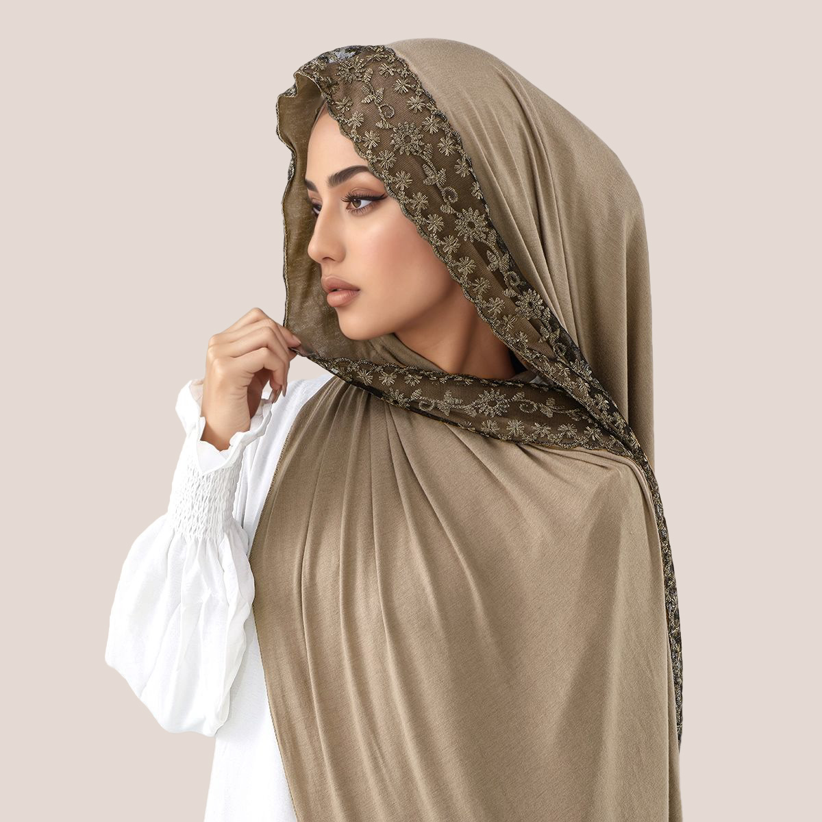 Head Wrap Turban - Hijab Muslim Jersey Katun Bordir Renda,