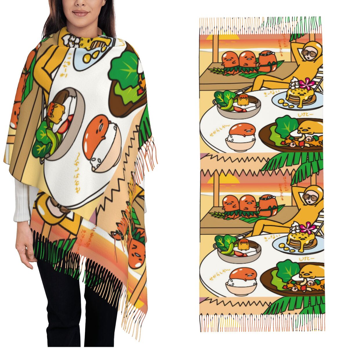 Pashmina Wrap Large - Syal Wanita dengan Rumbai Gudetama Kartun