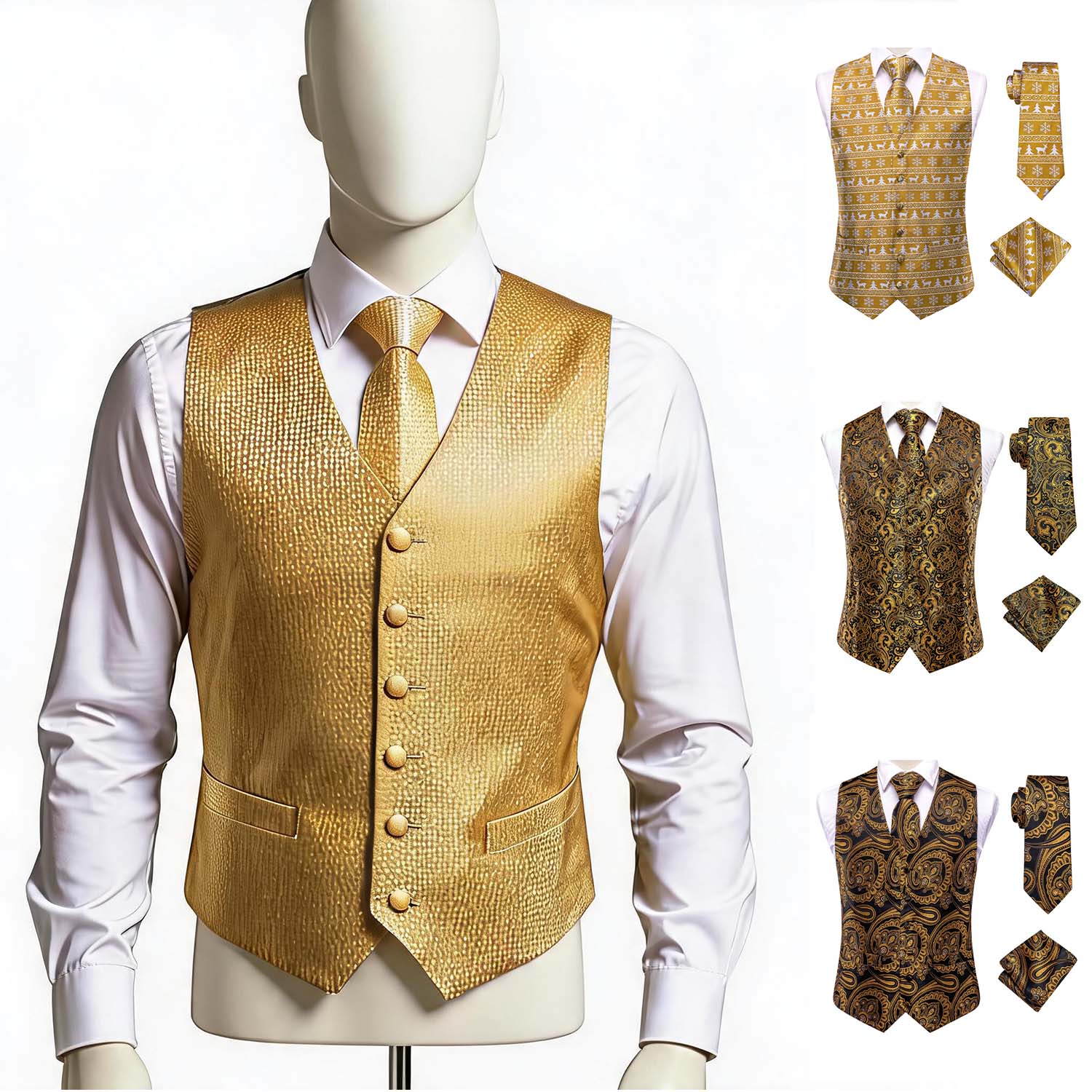 Pocket Square Set - Setelan Rompi 3 Potong Warna Kuning