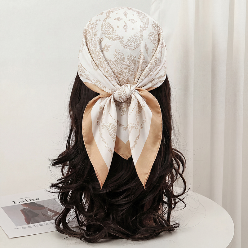Syal Persegi Motif Paisley Bei - Silk Neck Scarf ulasan dan harga